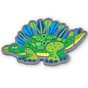 Colorful green stegosaurus dinosaur stepping stone with blue spikes and decorative patterns