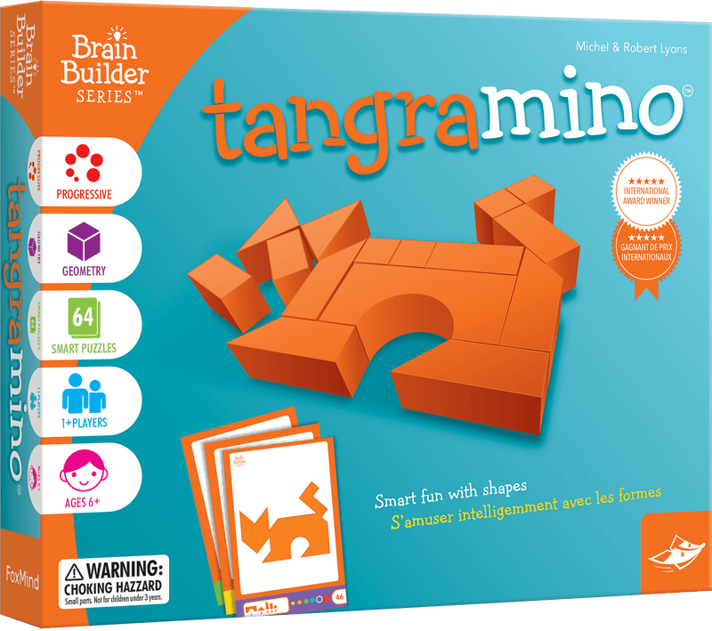 Tangramino Brain Builder puzzle game box showing orange geometric pieces and challenge cards