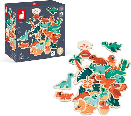 Janod dinosaur wooden magnets set with colorful dino pieces and packaging box