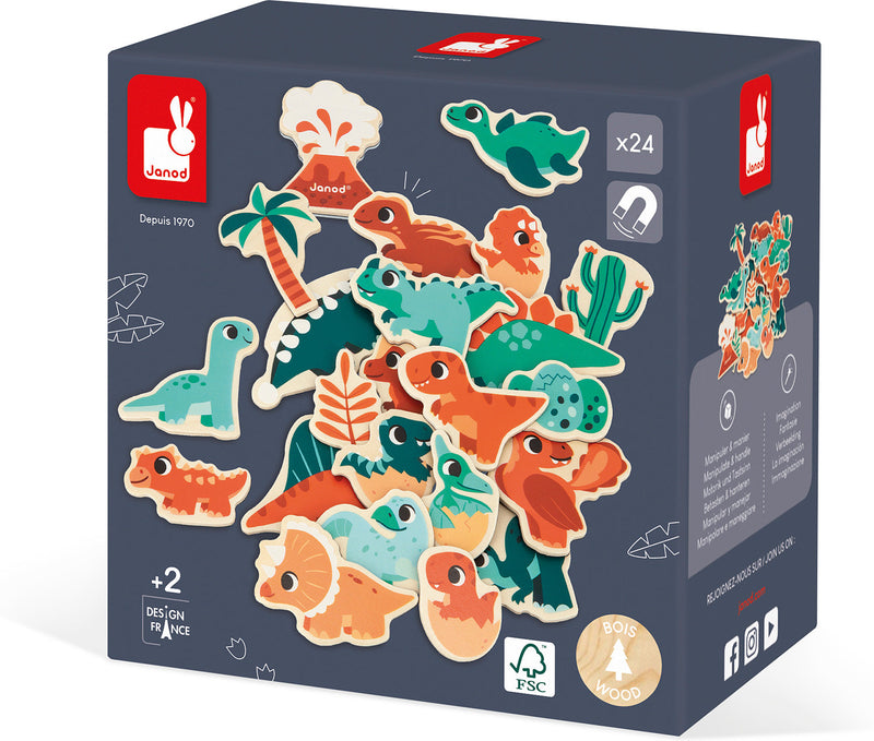 Janod wooden dinosaur magnets set packaging showing colorful magnetic dinosaur pieces