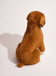 Brown plush Boxer dog stuffed animal sitting on white background