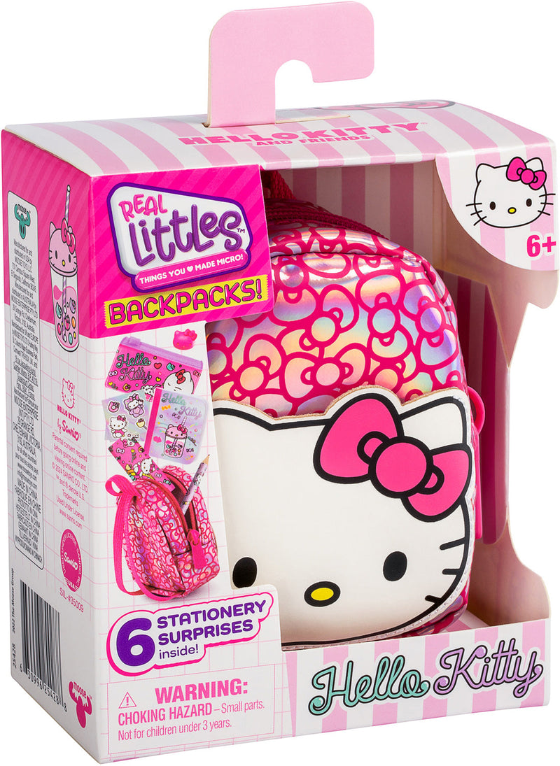Real Littles Hello Kitty Backpack in pink and white packaging showing miniature backpack with bow