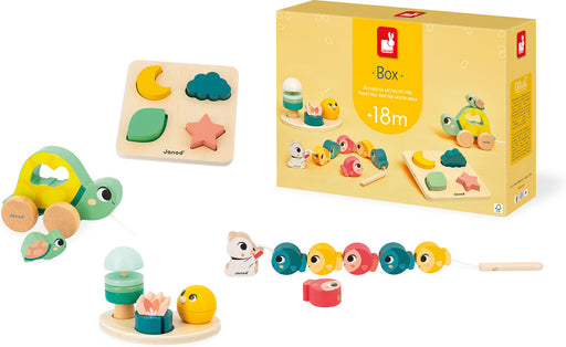 Janod wooden toy gift box set with shape sorter, pull-along turtle, stacking toy, and colorful bird train