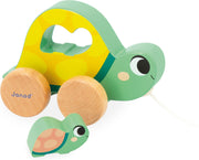 Janod wooden toy turtle pull-along car with green body yellow shell wooden wheels