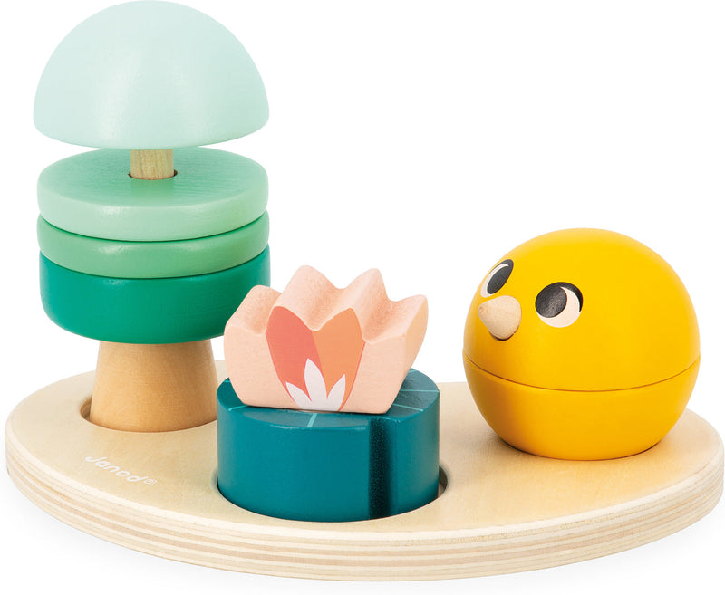 Wooden stacking toy set with colorful rings, flower, and yellow bird on circular base