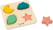 Janod wooden shape sorting puzzle toy with colorful pieces on white background