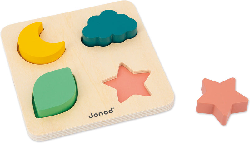 Janod wooden shape sorting puzzle toy with colorful pieces on white background