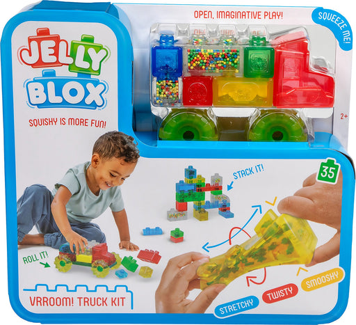 Jelly Blox Vrrrooom Truck Kit package showing colorful squishy building blocks and child playing