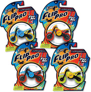 Four FlipPro II spin bikes in different colors displayed in retail packaging