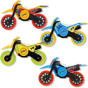 Four colorful Flip Pro toy motorcycles on white background
