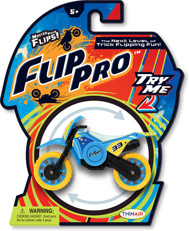 FlipPro blue and yellow spin bike toy in retail packaging