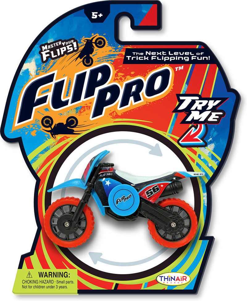 Flip Pro motorcycle toy in package showing blue and red bike that flips