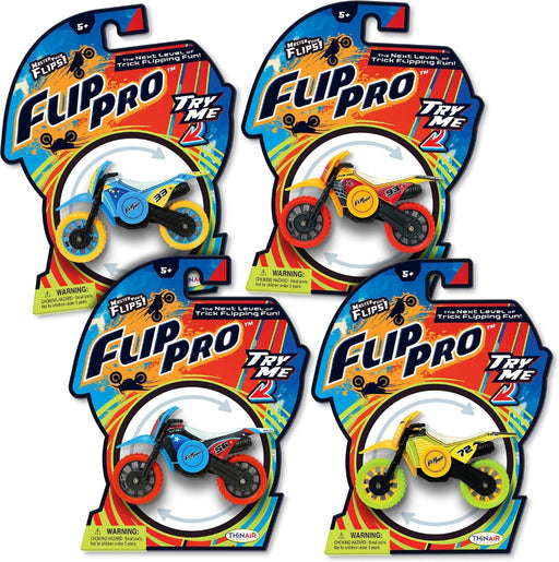 Four FlipPro II spin bikes in different colors displayed in retail packaging