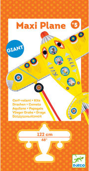DJECO Maxi Plane yellow kite with airplane design and circular windows showing characters