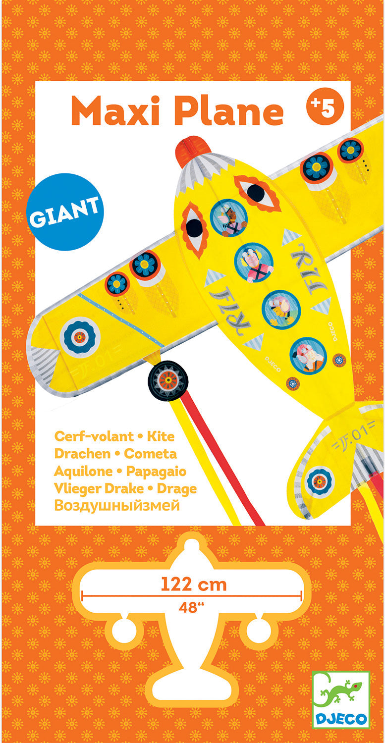DJECO Maxi Plane yellow kite with airplane design and circular windows showing characters