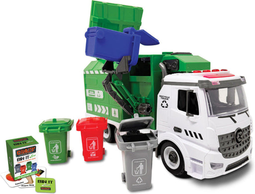 White and green garbage recycling truck toy with light and sound features plus colorful bins