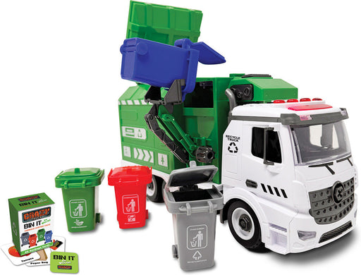 White and green garbage recycling truck toy with light and sound features plus colorful bins