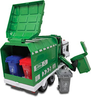 Green garbage recycling truck toy with opening back compartment and mini trash bins
