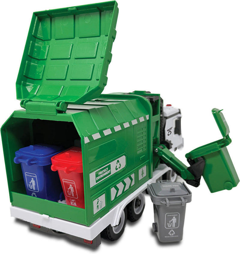 Green garbage recycling truck toy with opening back compartment and mini trash bins