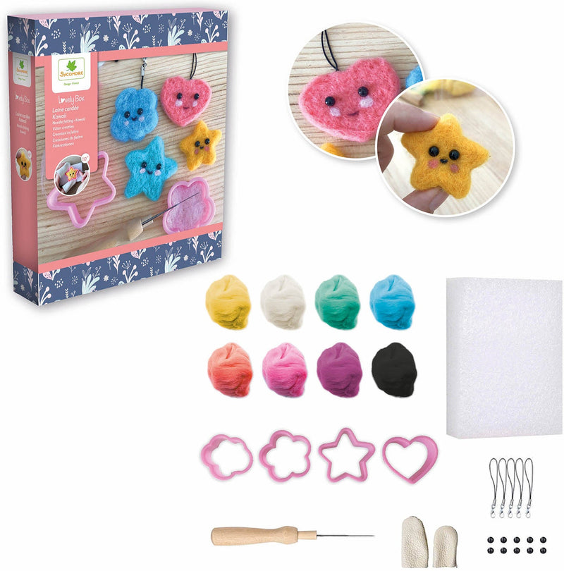Kawaii felt craft kit with colorful wool, cookie cutters, and tools for making cute felt charms