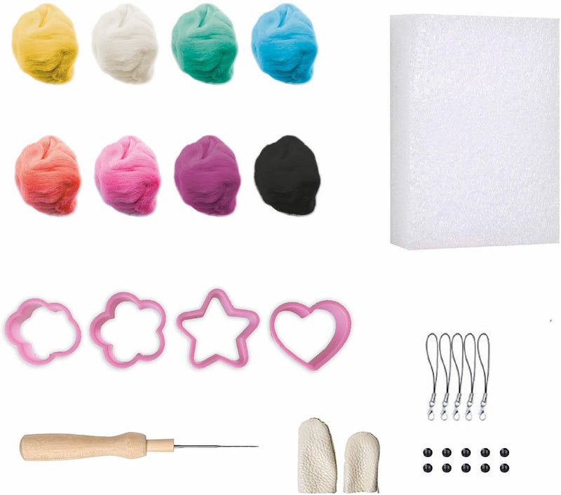 Kawaii felt craft kit with colored wool, foam pad, cookie cutters, tools and black beads