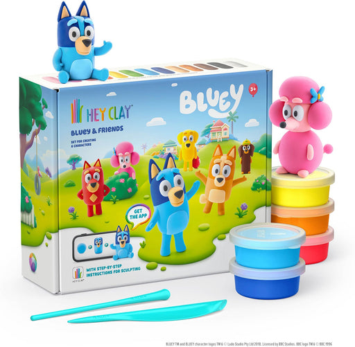 Hey Clay Bluey & Friends sculpting set with clay containers and finished character figures