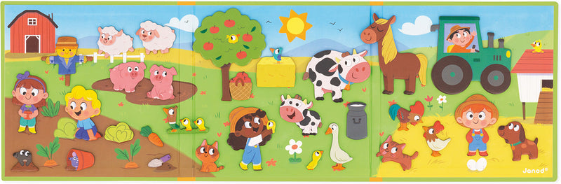 Colorful farm-themed magnetic storytelling board with cartoon animals, farmers, and rural scenes