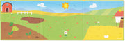 Colorful farm-themed magnetic play board with barn, fields, and pastoral landscape