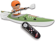 RC remote control kayak with orange figure paddler and black controller on white background