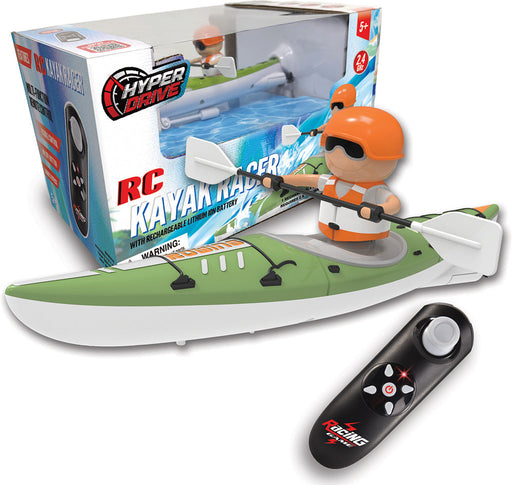 RC Kayak Racer with remote control, green and white kayak with orange kayaker figure