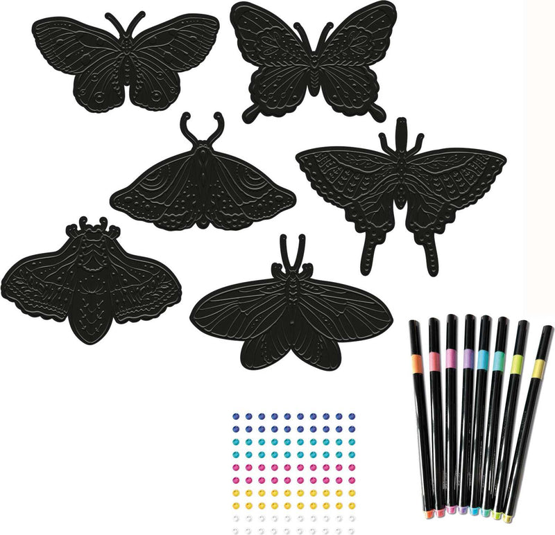 Black butterfly scratch art templates with colorful markers and gem stickers craft kit