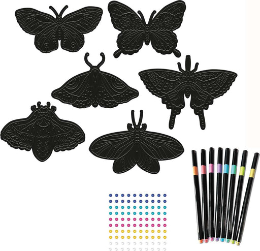 Black butterfly scratch art templates with colorful markers and gem stickers craft kit