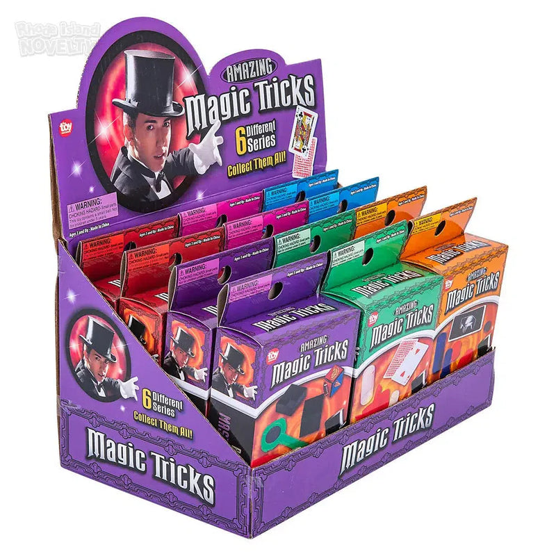 Amazing Magic Tricks display box with 6 different series of magic trick sets in colorful packaging