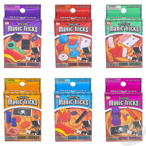 Six colorful Amazing Magic Tricks box sets by The Toy Network showing various magic props