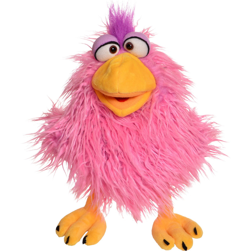 Pink fluffy puppet with purple hair tuft, orange beak and feet on white background
