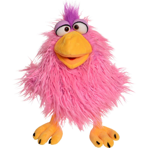 Pink fluffy puppet with purple hair tuft, orange beak and feet on white background
