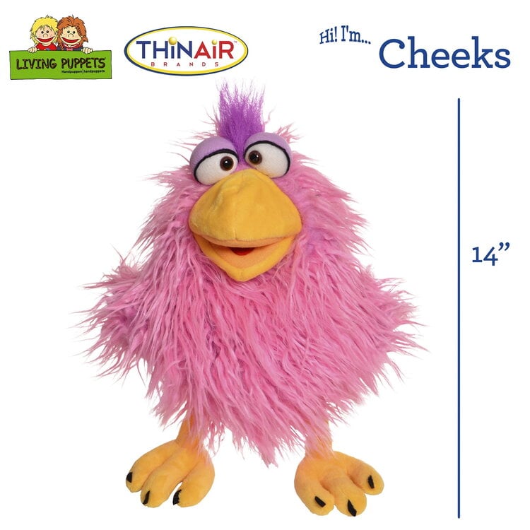 Living Puppets Cheeks 14 inch pink furry bird puppet with orange beak and feet