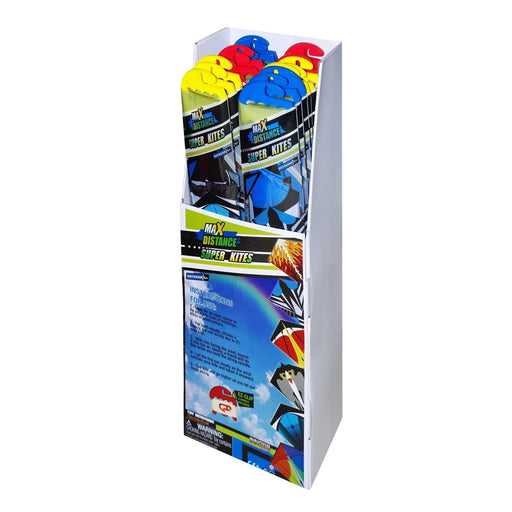 Floor display stand containing colorful Max Distance Super Kites assortment in retail packaging