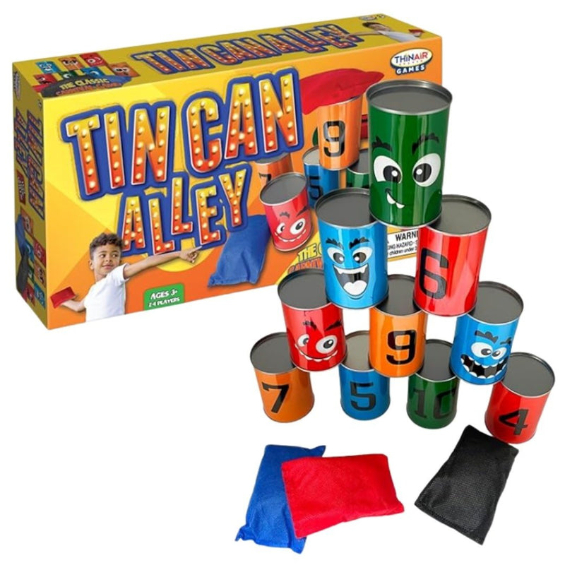 Tin Can Alley game with colorful numbered cans and bean bags