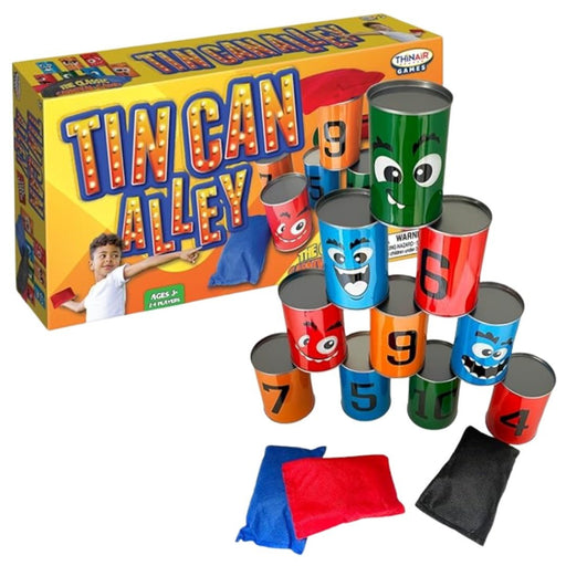Tin Can Alley game with colorful numbered cans and bean bags