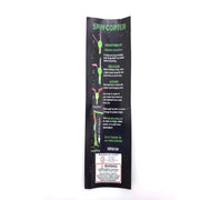 Back side of Spin Copter product packaging with assembly instructions and warnings