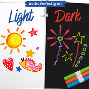 Magic Stix markers shown with colorful drawings on light and dark paper demonstrating versatility