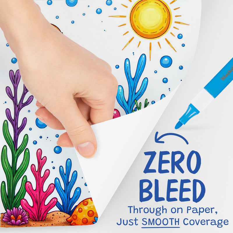 Hand using Magic Stix marker on underwater scene artwork demonstrating zero bleed through feature