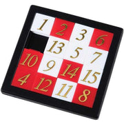 15-piece sliding number puzzle with red and white tiles in black frame
