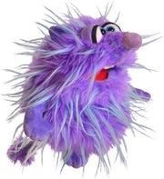 Purple furry monster puppet with wild hair, googly eyes and red mouth