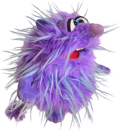 Purple furry monster puppet with wild hair, googly eyes and red mouth