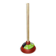 Wooden handled plunger toy with red rubber cup base on white background
