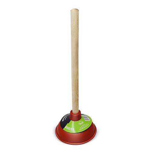 Wooden handled plunger toy with red rubber cup base on white background
