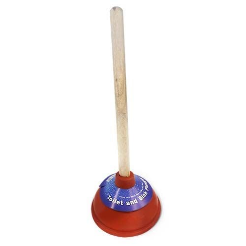 Red rubber toilet plunger with wooden handle on white background