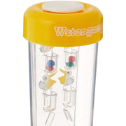 Yellow water game toy with clear tube and colorful floating balls inside